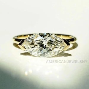 East To West 2 CT Marquise Cut Moissanite Engagement Ring V Prong Set Solitaire Gold Wedding Ring East West Anniversary Ring Promise Ring