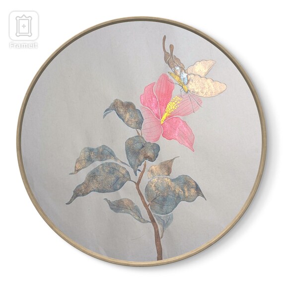ハイビスカスと蝶の絵画：モグ風中国水彩画 - Etsy 日本