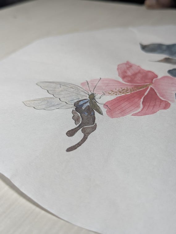 ハイビスカスと蝶々、油彩画 絵画作品「ハイビスカスと蝶」