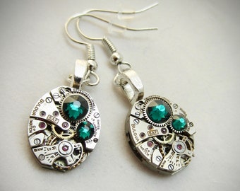 Steampunk Drop Earrings with Mechanical Watch Movement - Emerald - May Birthstone - Steampunk jewelry - gift for mom