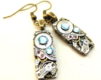 Steampunk Jewelry - Aquamarine - March Birthstone - Drop - Dangle - Steampunk Earrings - Repurposed art