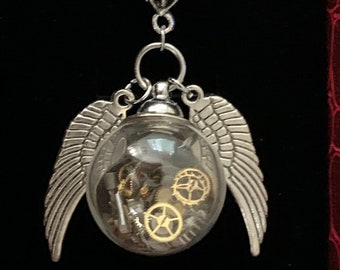 Steampunk jewelry Pendant Gift for her Steampunk Glass Bottle Necklace with Vintage Watch Parts, Wheels, Gears and wings