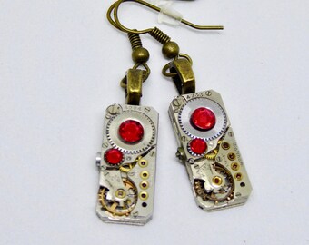 Earrings - Steampunk ear gear - Ruby - Waltham - Steampunk Earrings - Repurposed