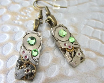 Peridot Steampunk Earrings - Watch movement jewelry - Peridot August Birthstone - Recycled - unique - one of a kind - drop dangle earrings