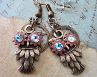 Owl Earrings, Steampunk, Unique Earrings, Weird Earrings, Dangle & Drop, Lightweight Earrings, Cool Earrings, Topaz shimmer Borealis