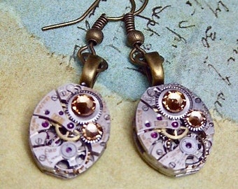 Steampunk Earrings - Unique - One of a kind - Watch movement earring - Gold Swarovski crystals - Great for stocking stuffer or birthday gift