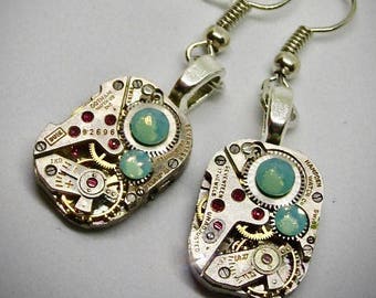 Steampunk watch earrings - Almost Time  - Steampunk Earrings - Teal Opal Swarovski Crystals - Repurposed art