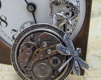 Steampunk Dragonfly Pocket Watch Necklace – Vintage Repurposed Jewelry