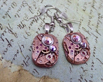Steampunk ear gear - watch movement - Rose Gold - Steampunk Earrings - Repurposed art