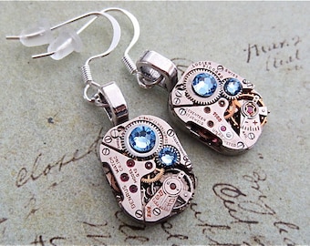 Steampunk ear gear - Aquamarine - Steampunk Earrings - Repurposed art