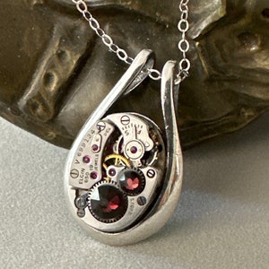 Pendant Necklace  Elgin watch necklace - teardrop - Steampunk watch movement necklace - Amethyst - Swarovski Crystal - gift for her