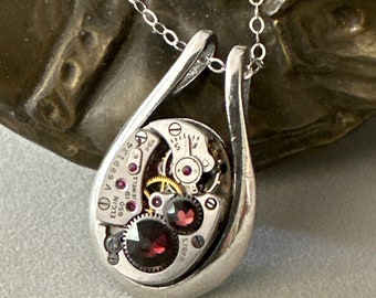 Steampunk teardrop Elgin watch necklace - teardrop - Steampunk watch movement necklace - burgundy - Swarovski Crystal - birthday for her