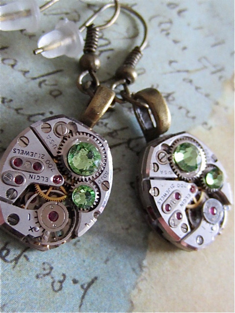 Steampunk ear gear Peridot Steampunk Earrings Repurposed | Etsy