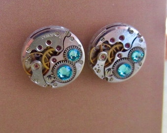 Steampunk Stud Earrings with Mechanical Watch Movement, Steampunk Earrings , Steampunk jewelry