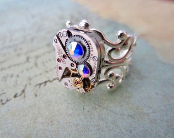 Steampunk Watch Movement Ring, Antique Silver, Adjustable Statement Jewelry