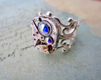 Steampunk Ring Statement Antique Silver Adjustable Watch Movement Ring  BOHO Steampunk Jewelry