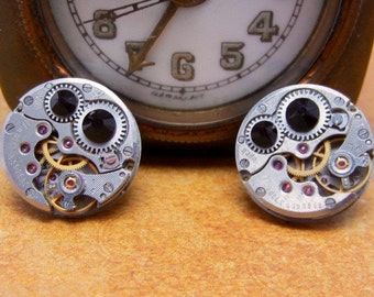 Steampunk Stud Earrings with Mechanical Watch Movement, Steampunk Earrings , Steampunk jewelry. Onyx Swarovski crystals