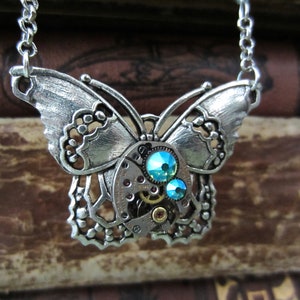 Butterfly Necklace with Peridot Swarovski Borealis crystal Pendant for her Gift for Mom August Birthday Steampunk Watch movment