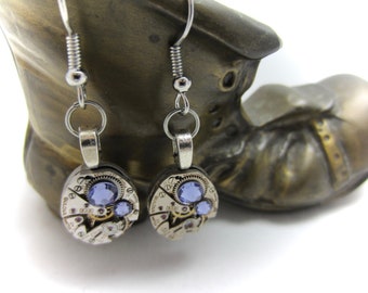 Steampunk ear gear - watch movement - Lilac - Steampunk Earrings - Repurposed art