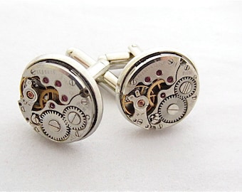 Steampunk Watch Movement Cufflinks - Vintage Silver Tone Gears