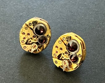 Steampunk post earrings - Bulova watch movement - Gold - Steampunk Earrings - Repurposed art