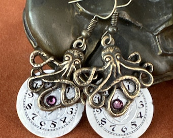 Octopus earrings with vintage watch dials Steampunk Earrings Watch parts earrings - recycled - Amethyst Swarovski Womans earrings