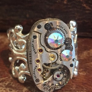 Back in time XI- Steampunk Ring - Repurposed recycled beautiful timepiece watch movement ring Borealis Swarovski crystals