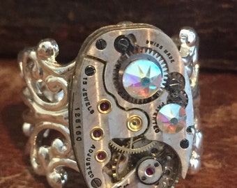 Back in time XI- Steampunk Ring - Repurposed recycled beautiful timepiece watch movement ring Borealis Swarovski crystals