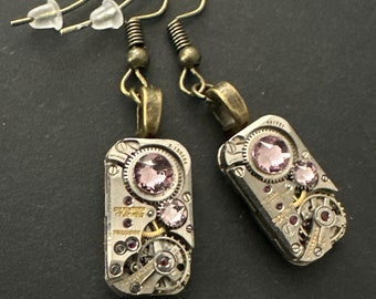 Watch movement Earrings Steampunk ear light Amethyst  Steampunk Earrings Birthday Gift for her