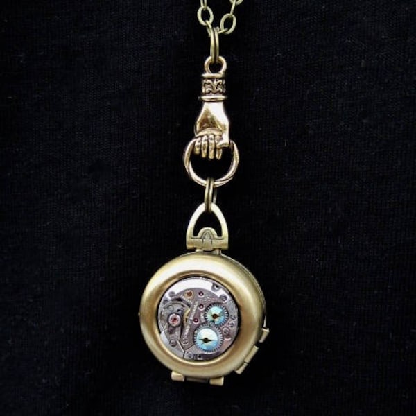 Steampunk locket necklace watch movement Swarovski Personalized Gift  Birthday women gift photo locket mothers day gift wife gift