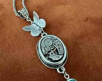 Elgin Watch Movement Pendant: Silver Butterfly Charm, Zircon Swarovski Crystal