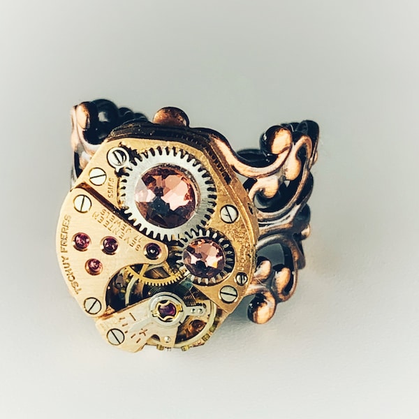 Steampunk Ring - Repurposed recycled beautiful timepiece rose gold watch movement ring red copper adjustable gift for her