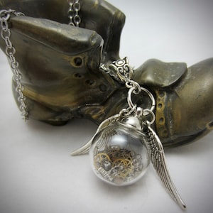 Steampunk jewelry Pendant Gift for her Steampunk Glass Bottle Necklace with Vintage Watch Parts, Wheels, Gears and wings