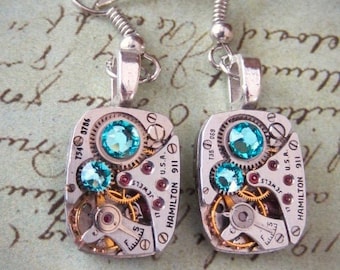 Steampunk ear gear - Turquoise - Steampunk Earrings - Hamilton - Vintage handmade watch parts jewelry