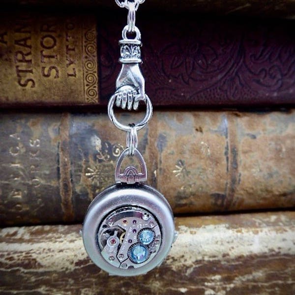 Locket - Steampunk jewelry necklace - Hand holding Double locket personalize with Birthstone - Watch parts - Pendant Necklace - gift for mom