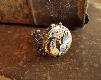 Steampunk Ring Statement Gold Adjustable Watch Movement Ring Antique Silver BOHO Steampunk Jewelry