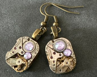 Steampunk Drop Earrings with Mechanical Watch Movement, Steampunk Earrings, jewelry with Lilac Swarovski crystals Gift for her