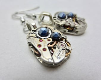 Steampunk Watch Movement Earrings with Dark Sapphire Crystals