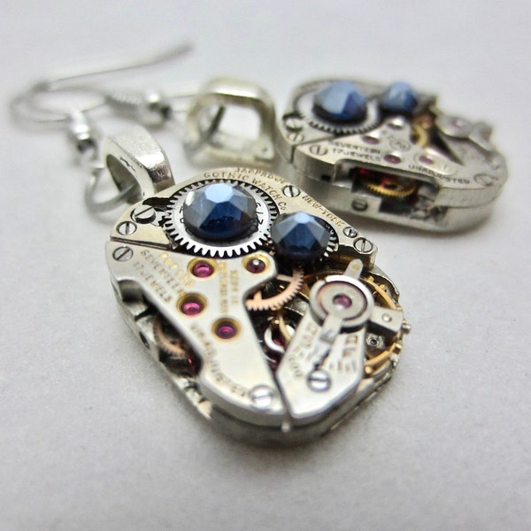 Watch movement Earrings Steampunk ear dark Sapphire Steampunk Earrings Birthday Gift for her