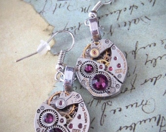 Steampunk ear gear - Amethyst - Bulova - Watch Movement Steampunk Earrings - Repurposed art