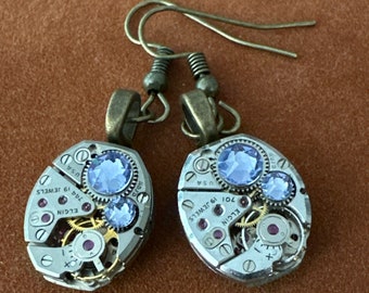 Steampunk Drop Earrings with Mechanical Watch Movement, Steampunk Earrings, Elgin,  with light lavendar Swarovski crystals Gift for her