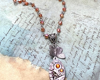Steampunk Butterfly Necklace: Vintage Watch Movement, Topaz Swarovski Crystal