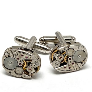 Genuine Hamilton movement Steampunk Cufflinks Matching Vintage Silver Luxury Pinstriped Jeweled Movement Cufflinks for him Men Wedding Gift