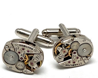 Véritable mouvement Hamilton Steampunk boutons de manchette assortis vintage argent luxe fines rayures mouvement bijoux pour lui homme cadeau de mariage