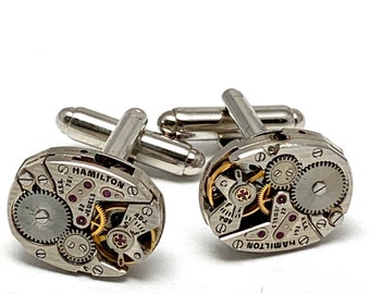 Genuine Hamilton movement Steampunk Cufflinks Matching Vintage Silver Luxury Pinstriped Jeweled Movement Cufflinks for him Men Wedding Gift