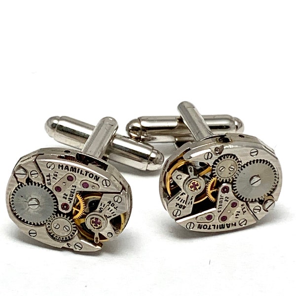 Genuine Hamilton movement Steampunk Cufflinks Matching Vintage Silver Luxury Pinstriped Jeweled Movement Cufflinks for him Men Wedding Gift