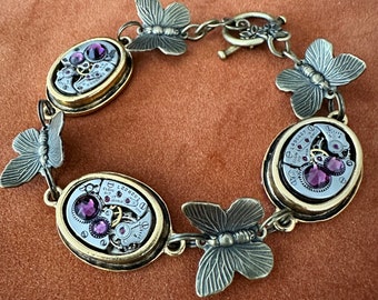 Antique Gold Butterfly Bracelet Steampunk Jewelry Bracelet butterfly charm bracelet personalized with your choice of Swarovski crystals