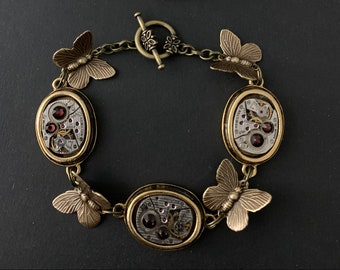 Antique Bronze Butterfly Bracelet Steampunk Hamilton Watch movement butterfly charm bracelet personalized with  choice of Swarovski crystals