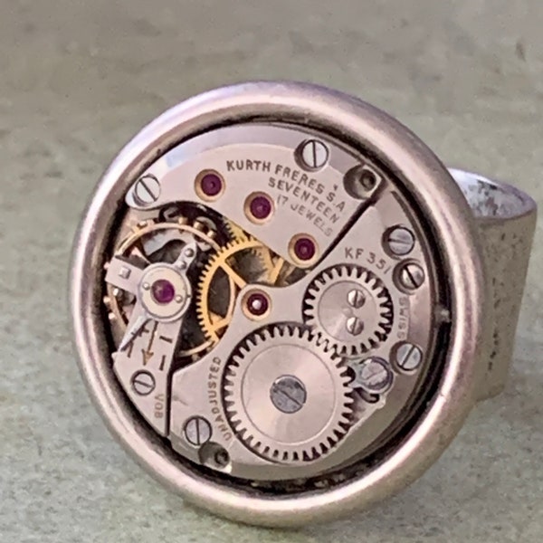 Steampunk Ring - Kurth Freres Watch Movement Ring - For Him - Sterling silver plated - Adjustable Ring - Unisex