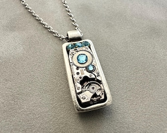 Steampunk watch movement necklace - Steampunk watch movement necklace -Aqua Marine - Swarovski Crystal - birthday for her